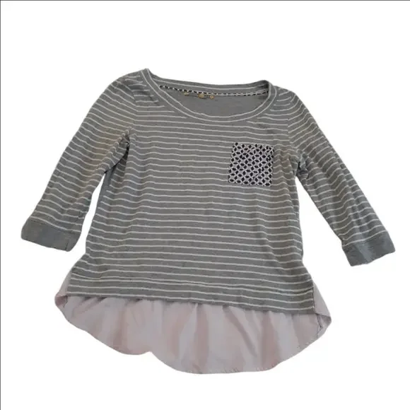 Anthropologie Little Yellow Button Women's Size M Gray Stripe Mixed Media Shirt - Picture 4 of 14